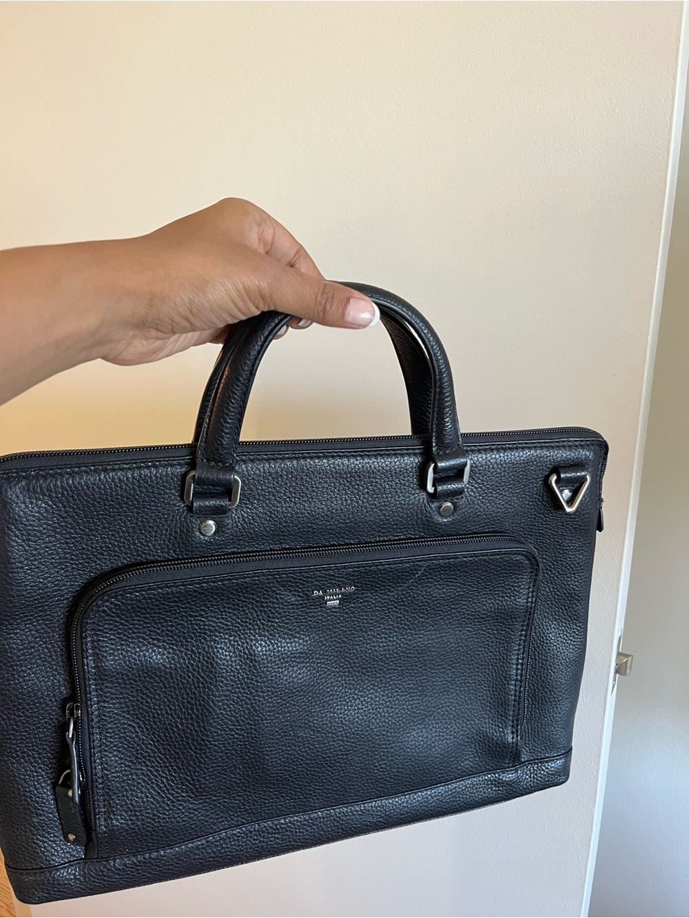 Men's Black Pebbled Leather Briefcase with Front Zip Pocket